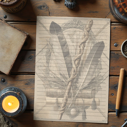 10-pack Brevpapper - Vintage Trollstav och Fjärdrar Dark Academia Grimoire / Book of Shadows Sidor - Tryckt A5 Papper - GP120