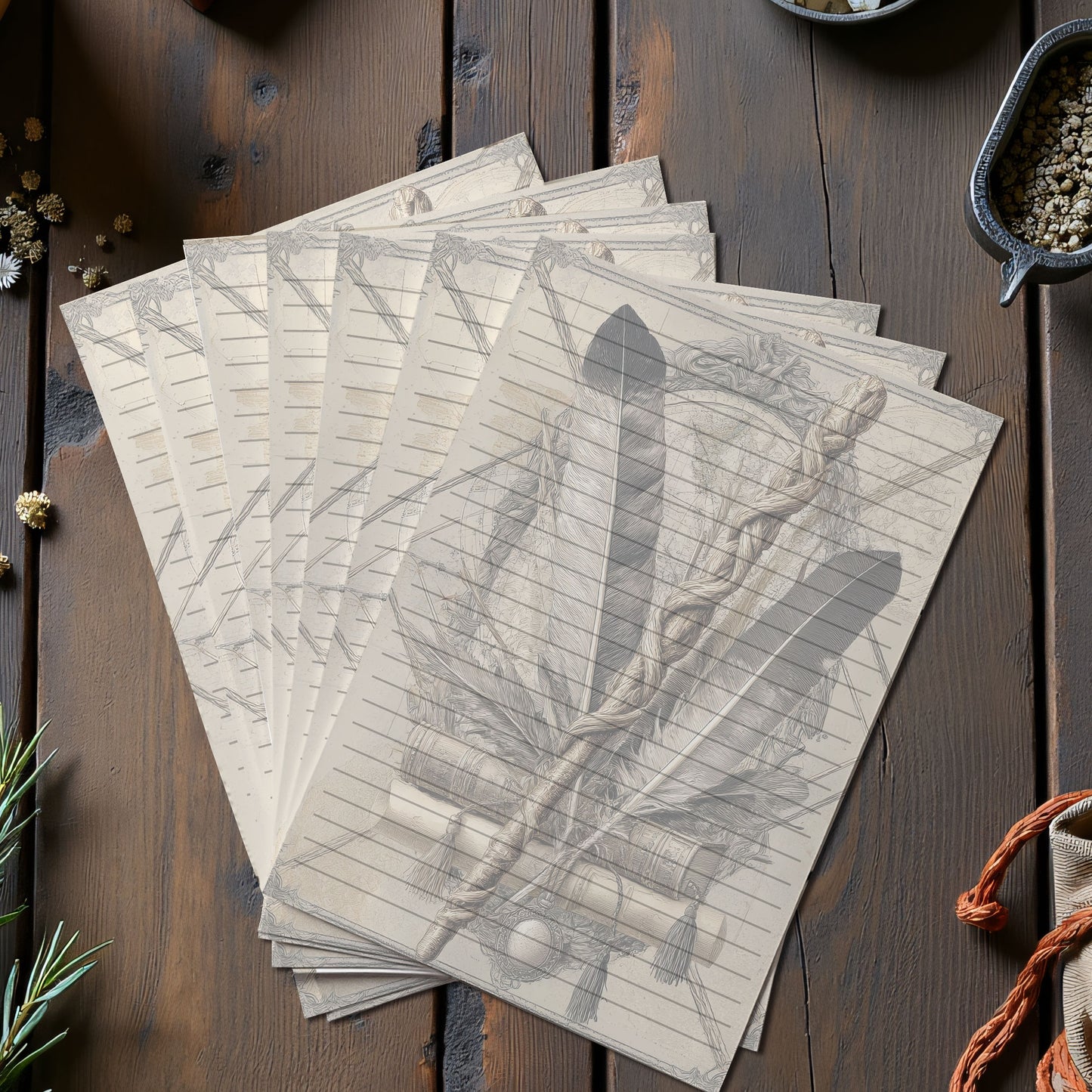 10-pack Brevpapper - Vintage Trollstav och Fjärdrar Dark Academia Grimoire / Book of Shadows Sidor - Tryckt A5 Papper - GP120