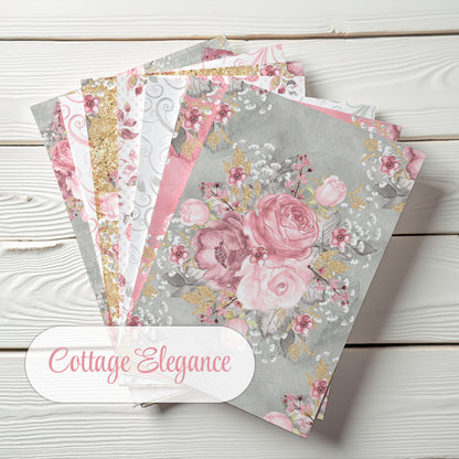Junk Journal-papperspaket – Cottage Elegance – Set med 36 ark (10x14cm) – Scrapbooking- och hobbypapper – JJ201