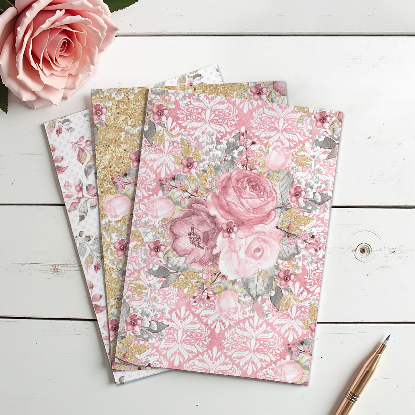 Junk Journal-papperspaket – Cottage Elegance – Set med 36 ark (10x14cm) – Scrapbooking- och hobbypapper – JJ201