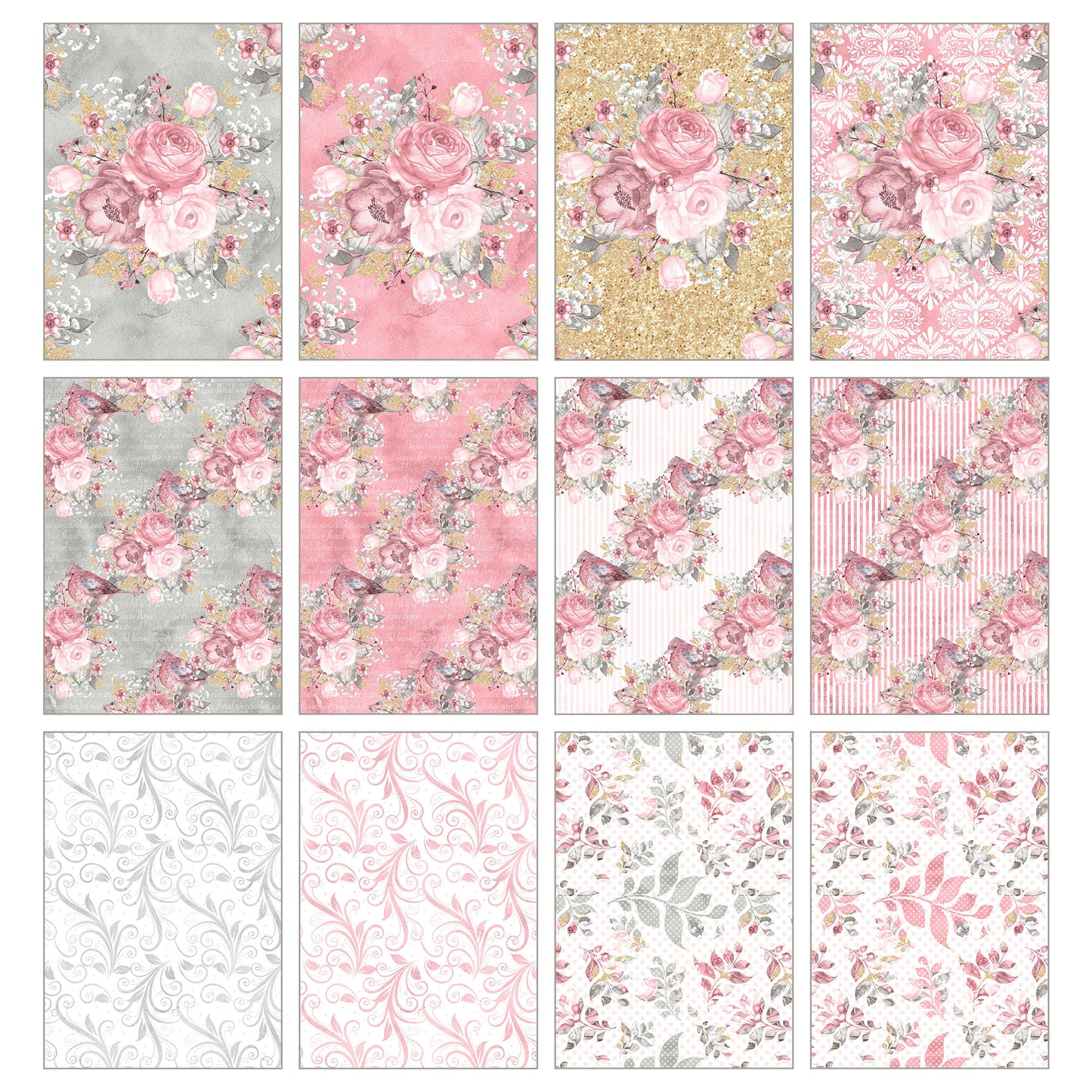 Junk Journal-papperspaket – Cottage Elegance – Set med 36 ark (10x14cm) – Scrapbooking- och hobbypapper – JJ201