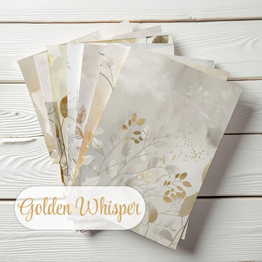 Junk Journal-papperspaket – Golden Whisper – Set med 36 ark (10x14cm) – Scrapbooking- och hobbypapper – JJ204