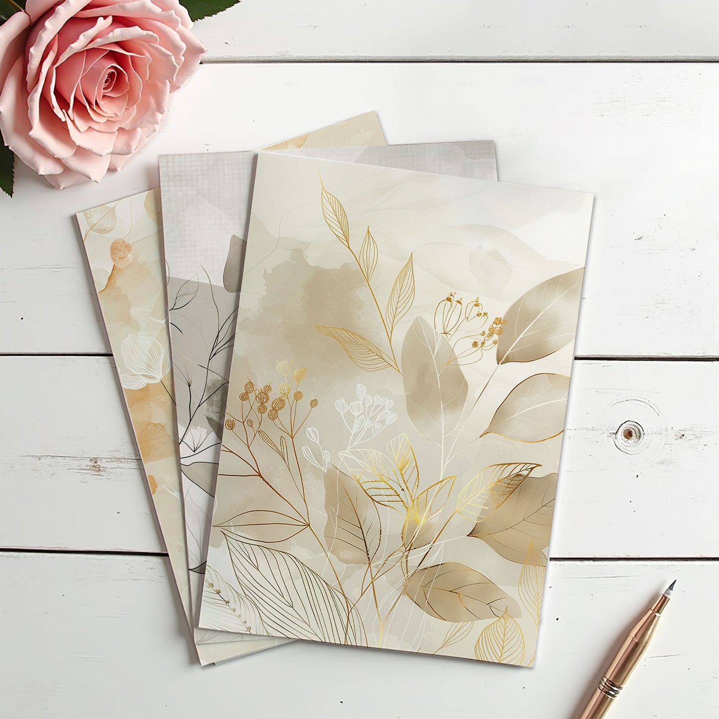 Junk Journal-papperspaket – Golden Whisper – Set med 36 ark (10x14cm) – Scrapbooking- och hobbypapper – JJ204