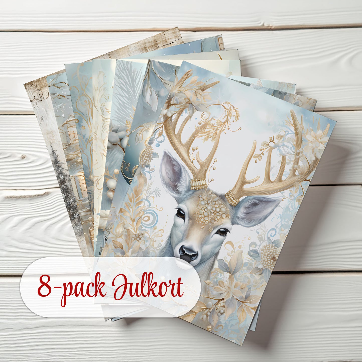 Julkort 2025 – 8-pack Elegant Vinter i Blått & Guld – Skicka en julhälsning