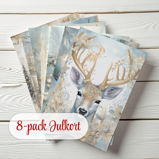 Julkort 2025 – 8-pack Elegant Vinter i Blått & Guld – Skicka en julhälsning