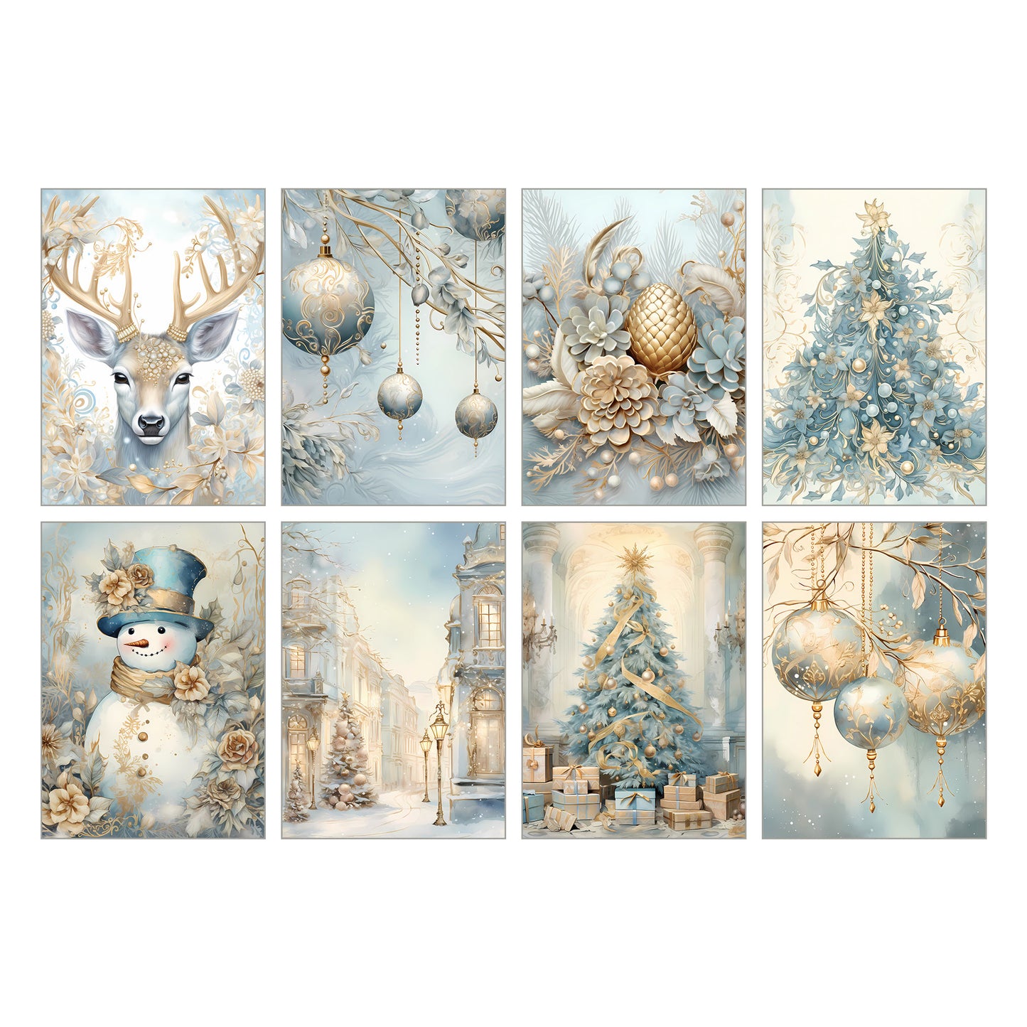 Julkort 2025 – 8-pack Elegant Vinter i Blått & Guld – Skicka en julhälsning