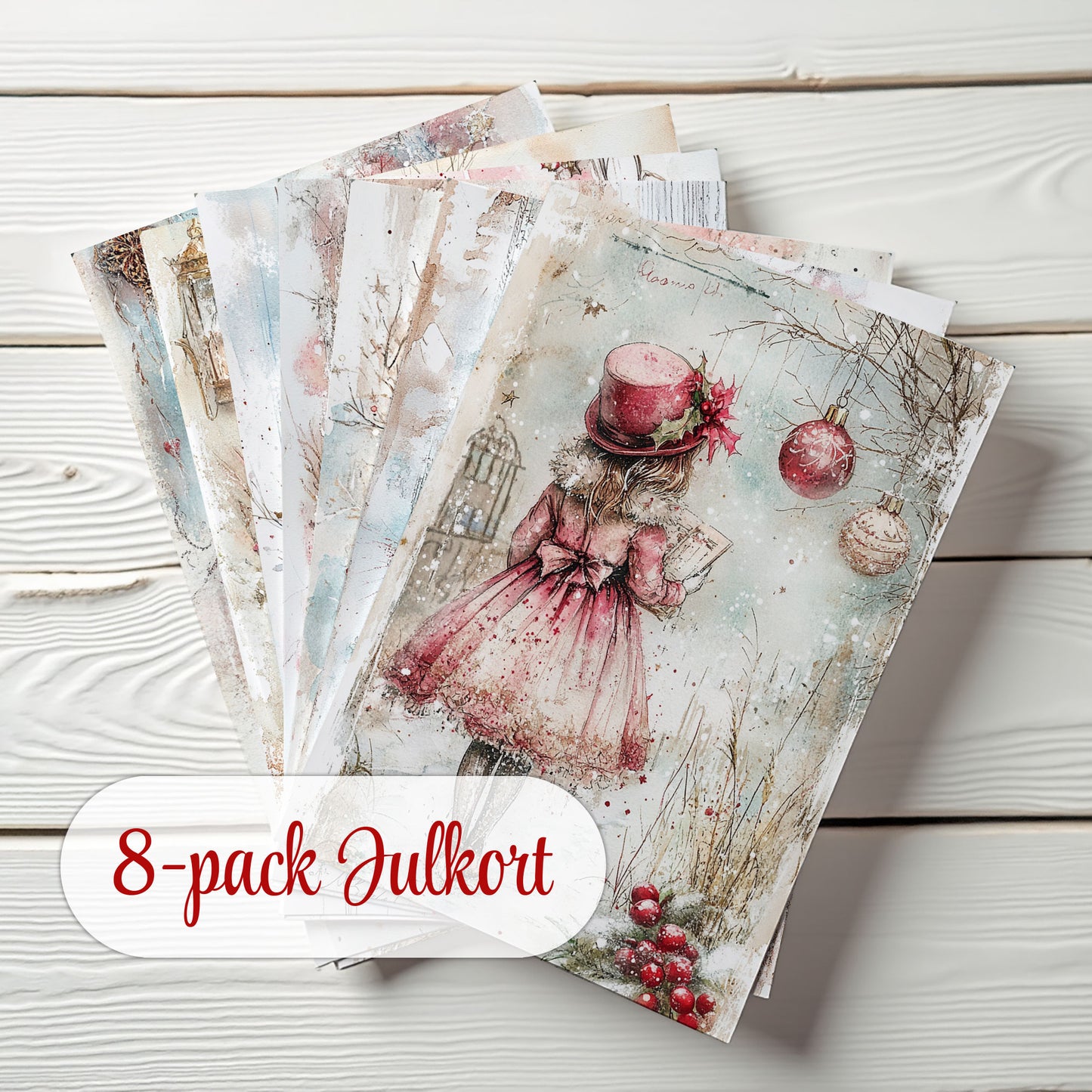 Julkort 2025 – 8-pack vykort i romantisk akvarellstil med vintermotiv – Skicka en julhälsning