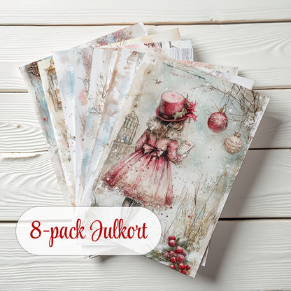 Julkort 2025 – 8-pack vykort i romantisk akvarellstil med vintermotiv – Skicka en julhälsning