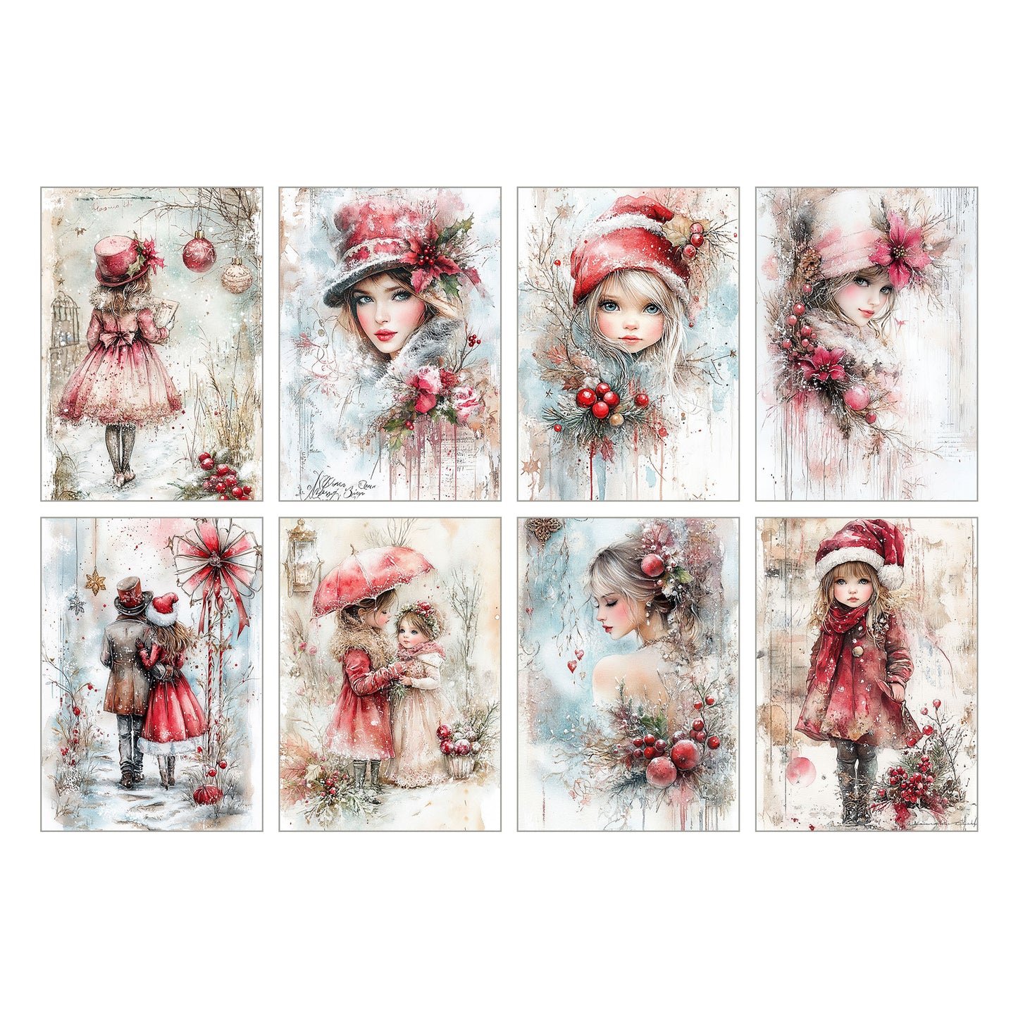 Julkort 2025 – 8-pack vykort i romantisk akvarellstil med vintermotiv – Skicka en julhälsning