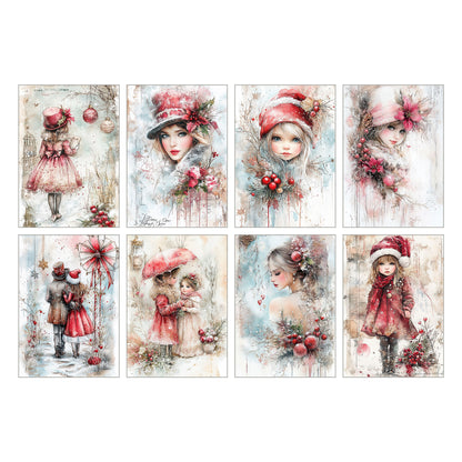 Julkort 2025 – 8-pack vykort i romantisk akvarellstil med vintermotiv – Skicka en julhälsning