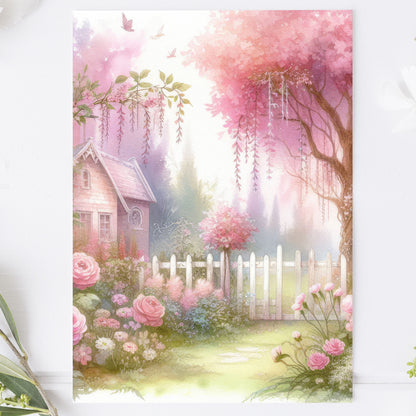 Vykort för postcrossing, scrapbooking & dekoration - Rosa Romantiskt Trädgård PC505