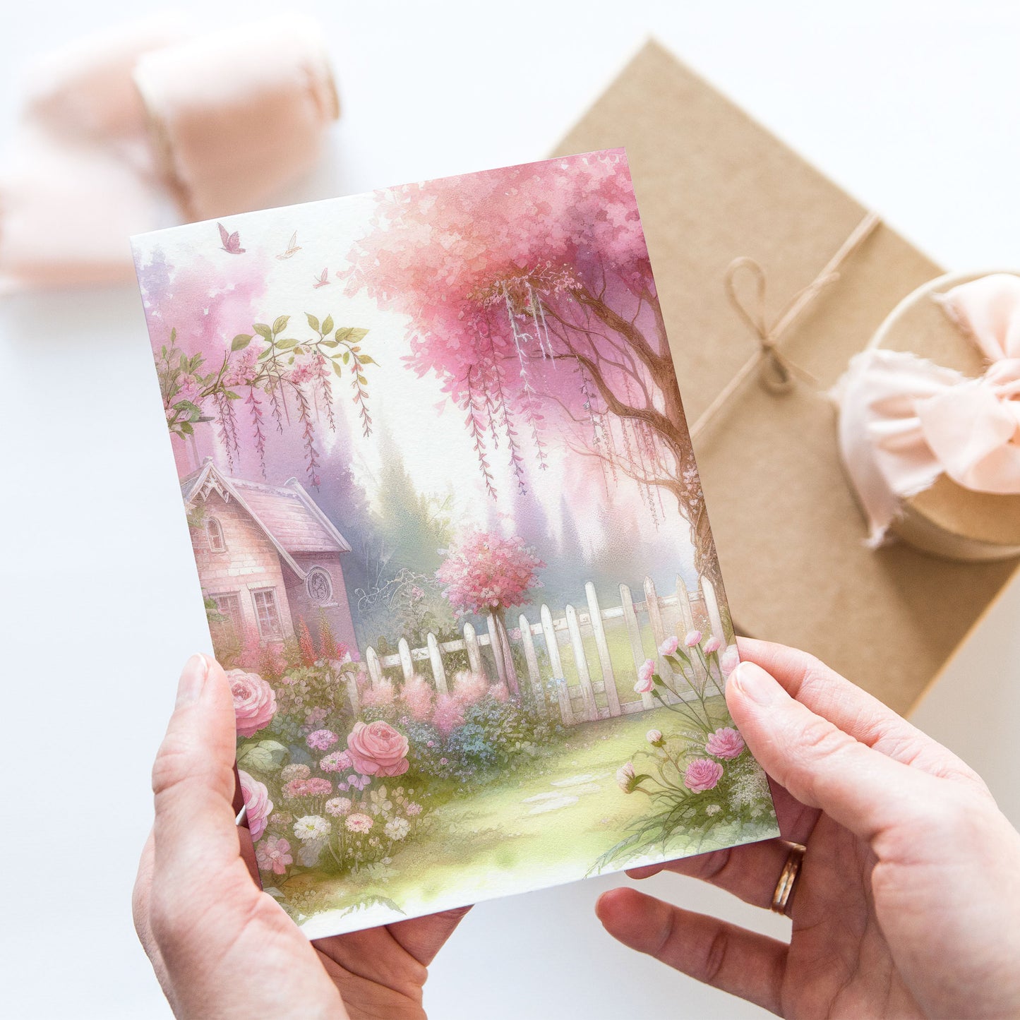 Vykort för postcrossing, scrapbooking & dekoration - Rosa Romantiskt Trädgård PC505