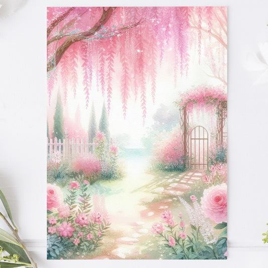 Vykort för postcrossing, scrapbooking & dekoration - Rosa Romantiskt Trädgård PC505