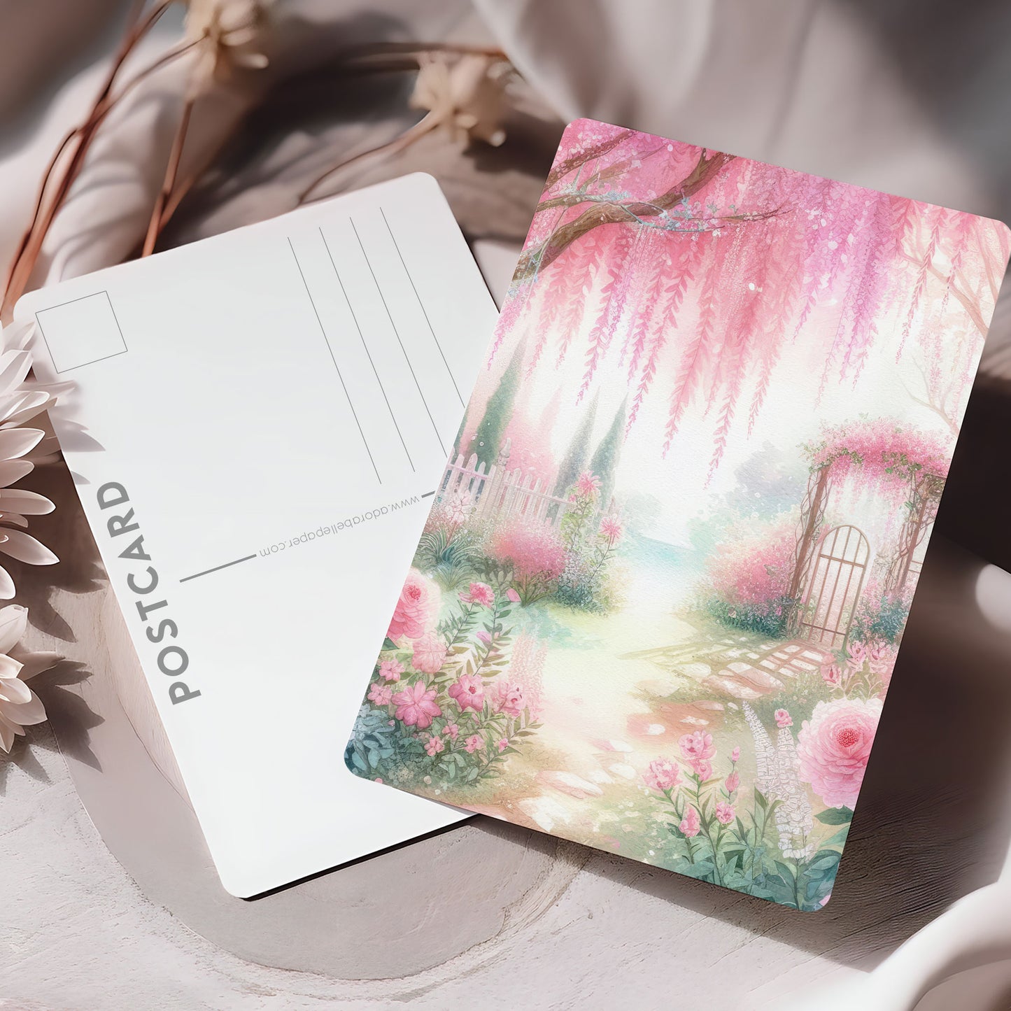 Vykort för postcrossing, scrapbooking & dekoration - Rosa Romantiskt Trädgård PC505