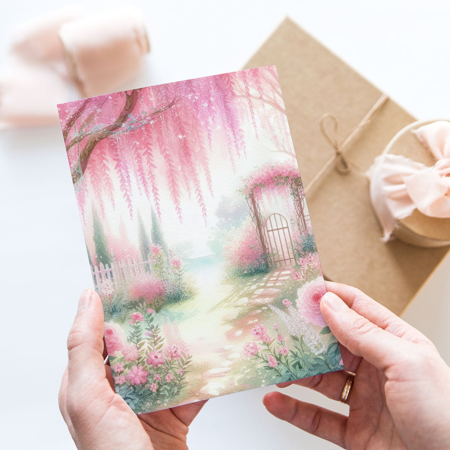 Vykort för postcrossing, scrapbooking & dekoration - Rosa Romantiskt Trädgård PC505