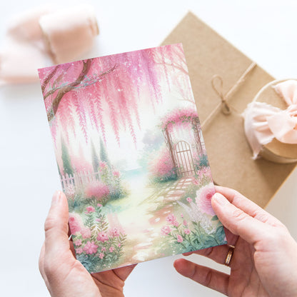 Vykort för postcrossing, scrapbooking & dekoration - Rosa Romantiskt Trädgård PC505