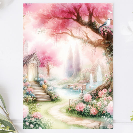 Vykort för postcrossing, scrapbooking & dekoration - Rosa Romantiskt Trädgård PC507