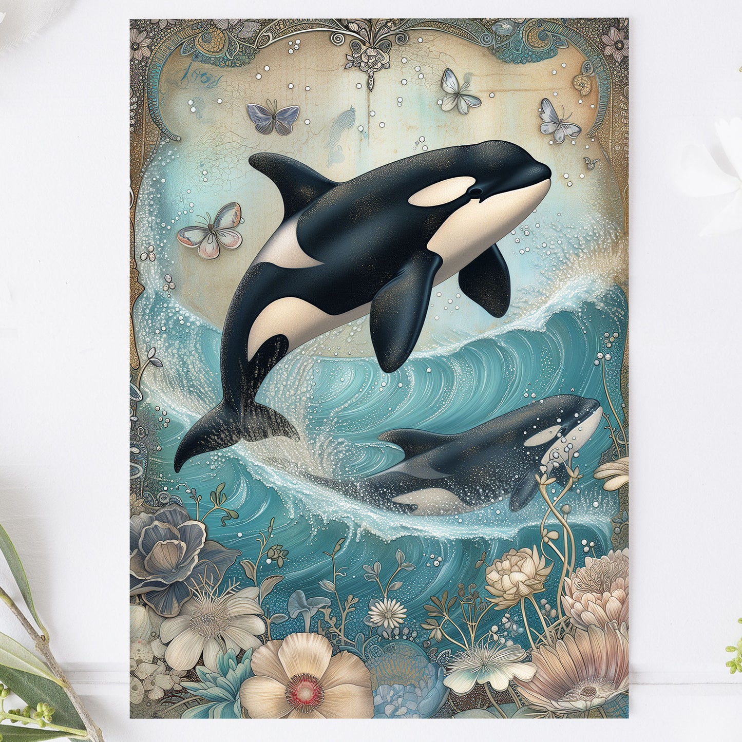 Vykort för postcrossing, scrapbooking & dekoration - Vintage Hoppande Val PC509