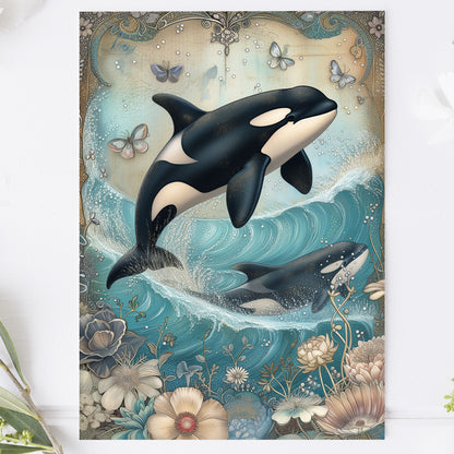 Vykort för postcrossing, scrapbooking & dekoration - Vintage Hoppande Val PC509