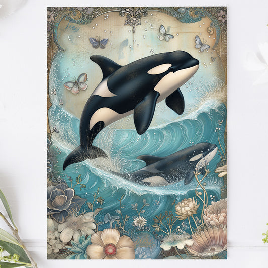 Vykort för postcrossing, scrapbooking & dekoration - Vintage Hoppande Val PC509