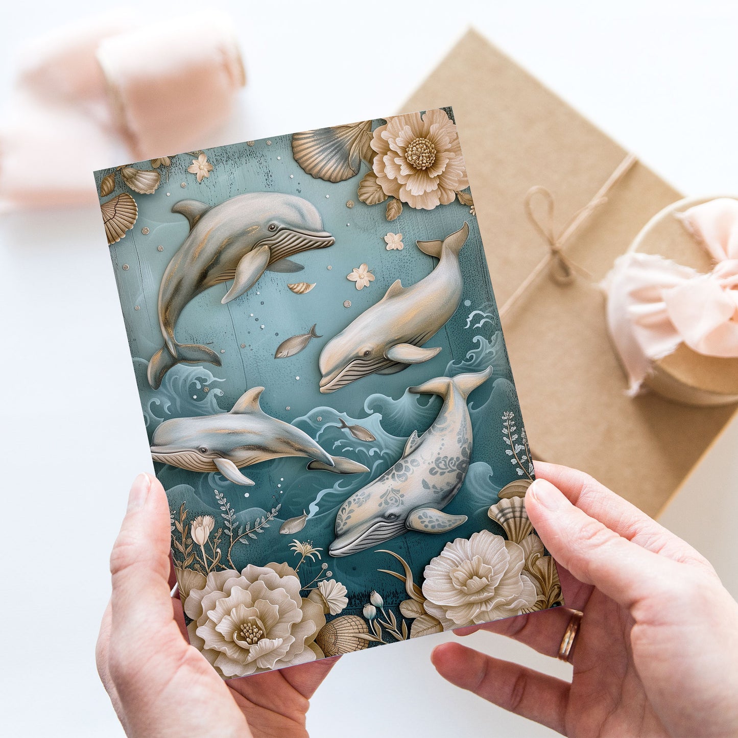 Vykort för postcrossing, scrapbooking & dekoration - Vintage Delfiner PC512