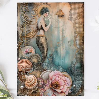 Vykort för postcrossing, scrapbooking & dekoration - Gyllene Sjöjunfru PC518