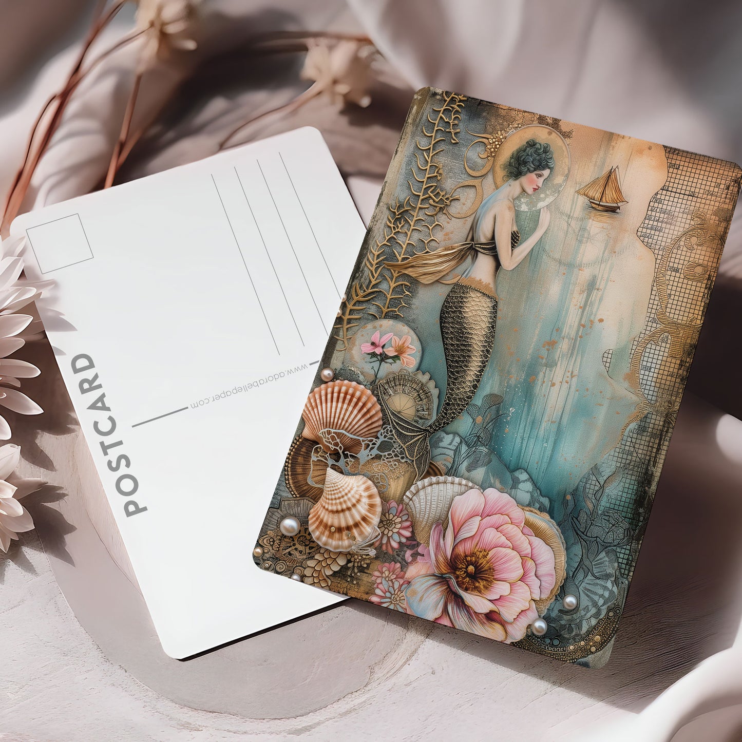 Vykort för postcrossing, scrapbooking & dekoration - Gyllene Sjöjunfru PC518