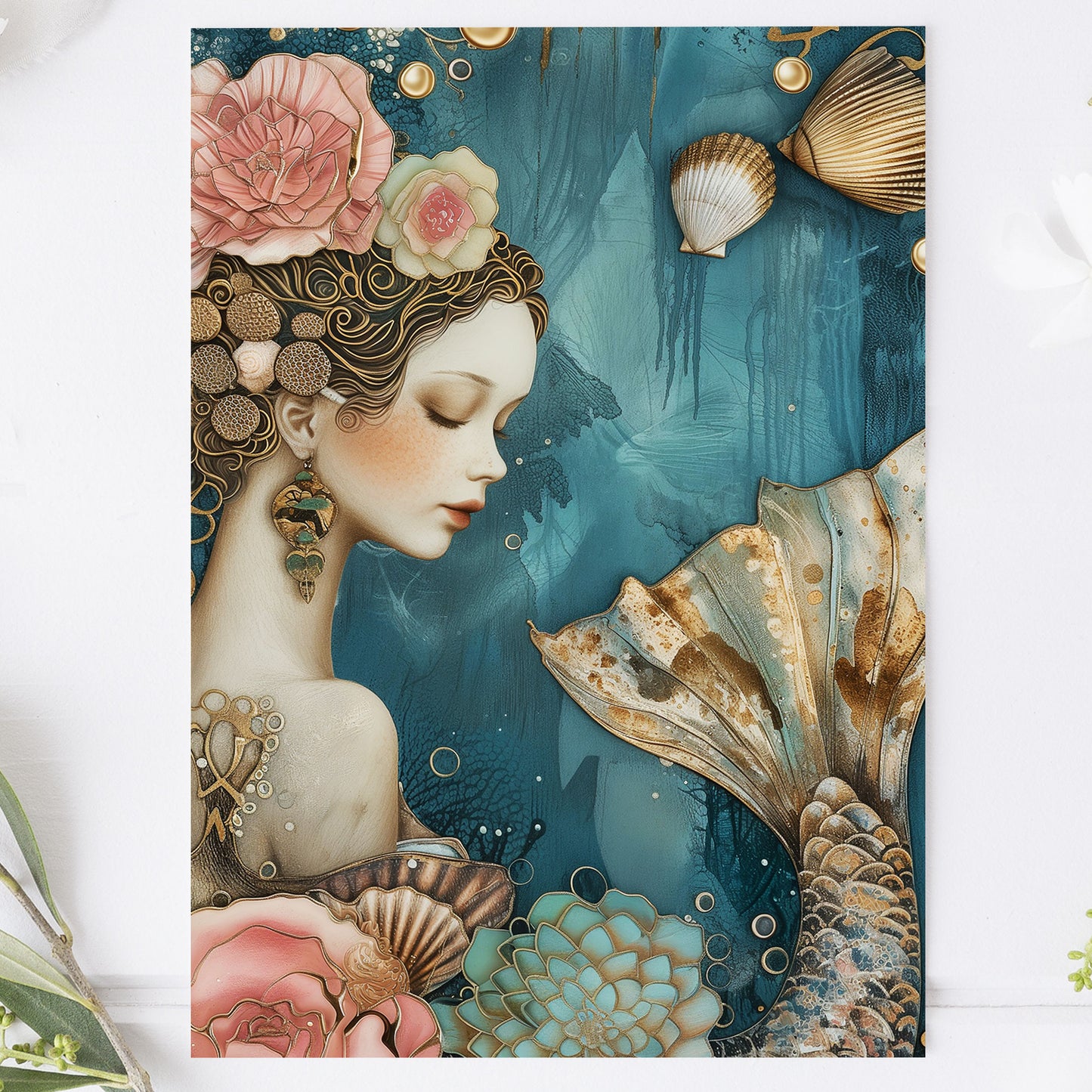 Vykort för postcrossing, scrapbooking & dekoration - Gyllene Sjöjungfru PC520
