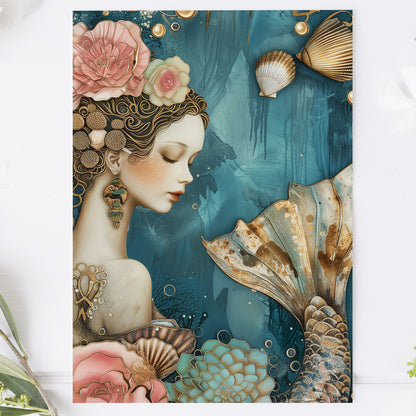 Vykort för postcrossing, scrapbooking & dekoration - Gyllene Sjöjungfru PC520