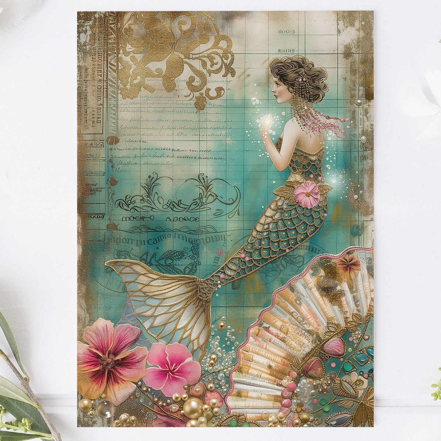 Vykort för postcrossing, scrapbooking & dekoration - Gyllene Sjöjungfru PC522