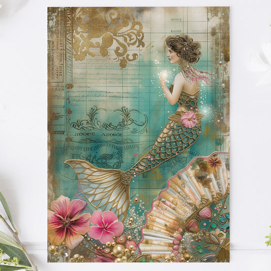 Vykort för postcrossing, scrapbooking & dekoration - Gyllene Sjöjungfru PC522