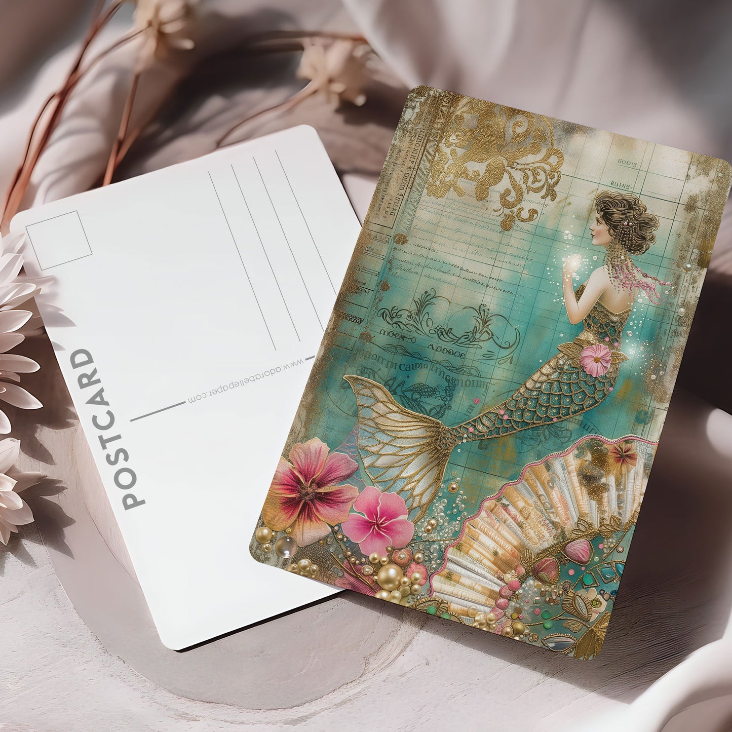 Vykort för postcrossing, scrapbooking & dekoration - Gyllene Sjöjungfru PC522