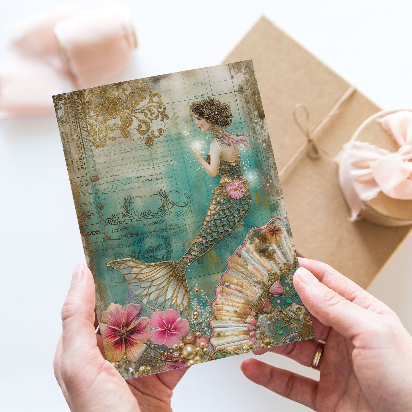 Vykort för postcrossing, scrapbooking & dekoration - Gyllene Sjöjungfru PC522