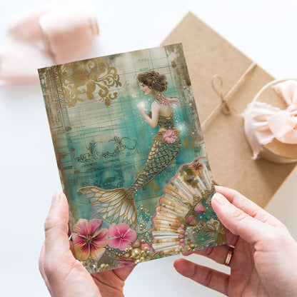 Vykort för postcrossing, scrapbooking & dekoration - Gyllene Sjöjungfru PC522
