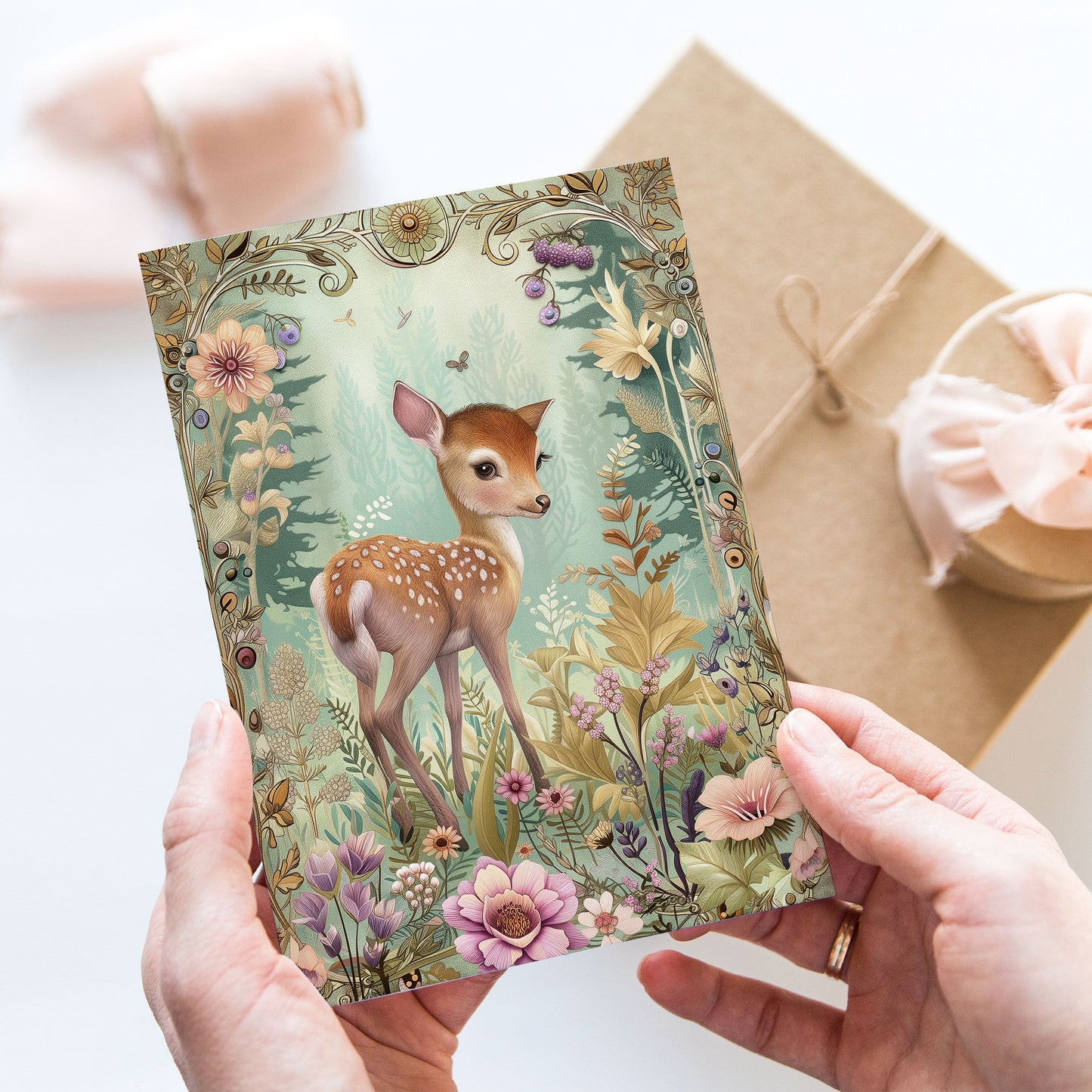 Vykort för postcrossing, scrapbooking & dekoration - Skogsmotiv Woodland - Rådjur PC533