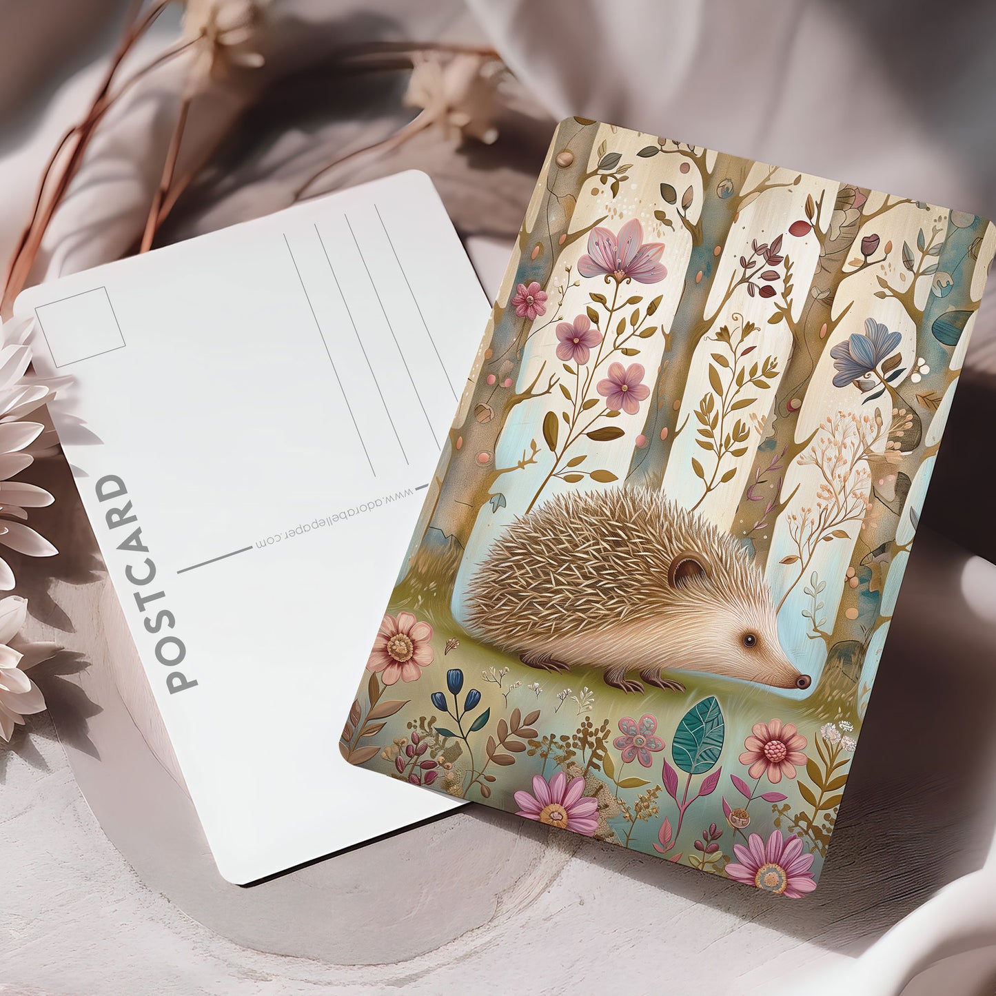 Vykort för postcrossing, scrapbooking & dekoration - Skogsmotiv Woodland - Igelkott PC534