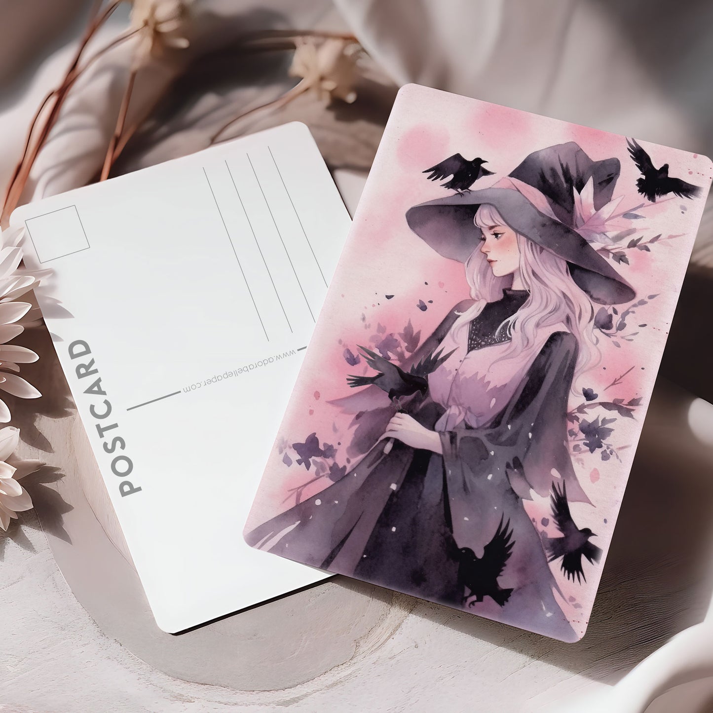 Vykort för postcrossing, scrapbooking & dekoration - Rosa Häxa PC541