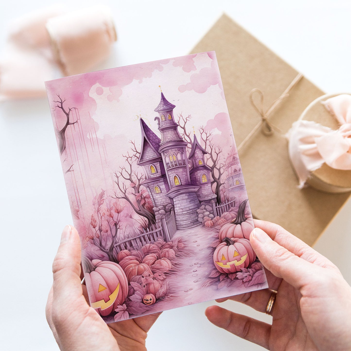 Vykort för postcrossing, scrapbooking & dekoration - Rosa Halloween PC542