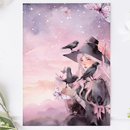 Vykort för postcrossing, scrapbooking & dekoration - Rosa Häxa PC544