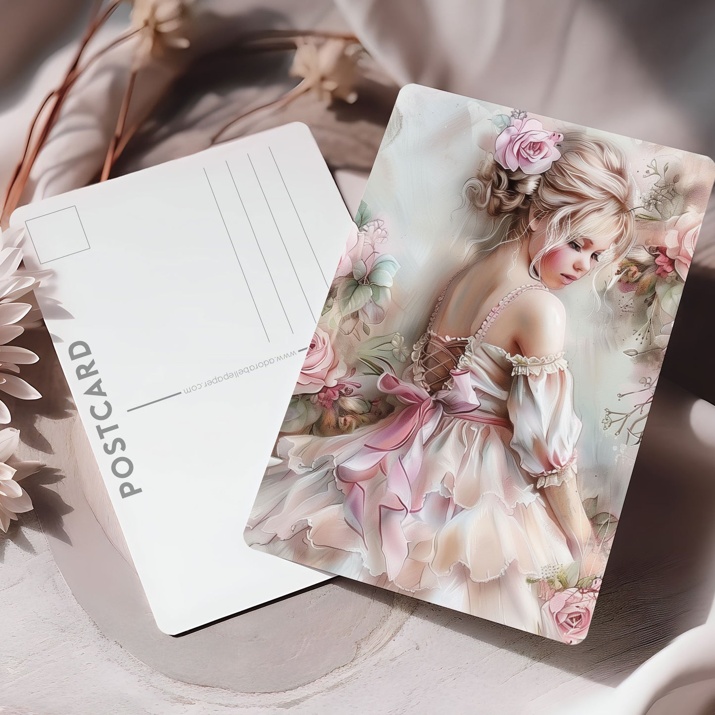 Vykort för postcrossing, scrapbooking & dekoration - Chic Blomsterflicka PC589