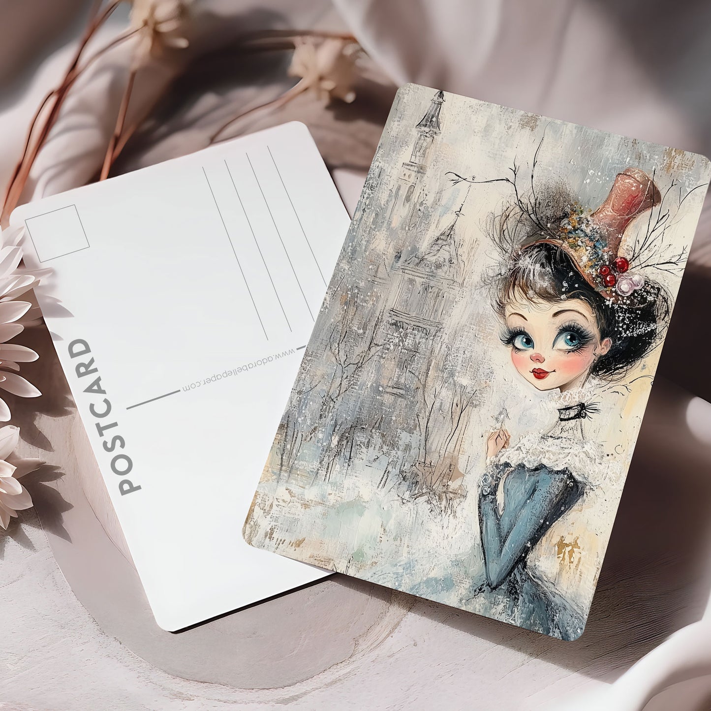 Vykort för postcrossing, scrapbooking & dekoration - Whimsical Flicka Retrostil PC593