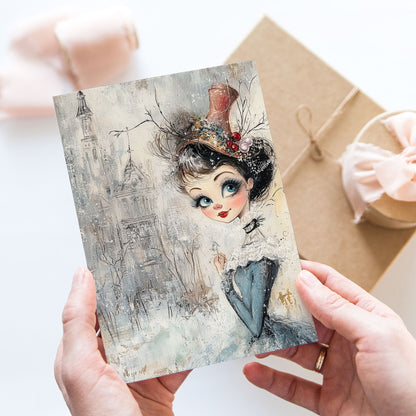 Vykort för postcrossing, scrapbooking & dekoration - Whimsical Flicka Retrostil PC593