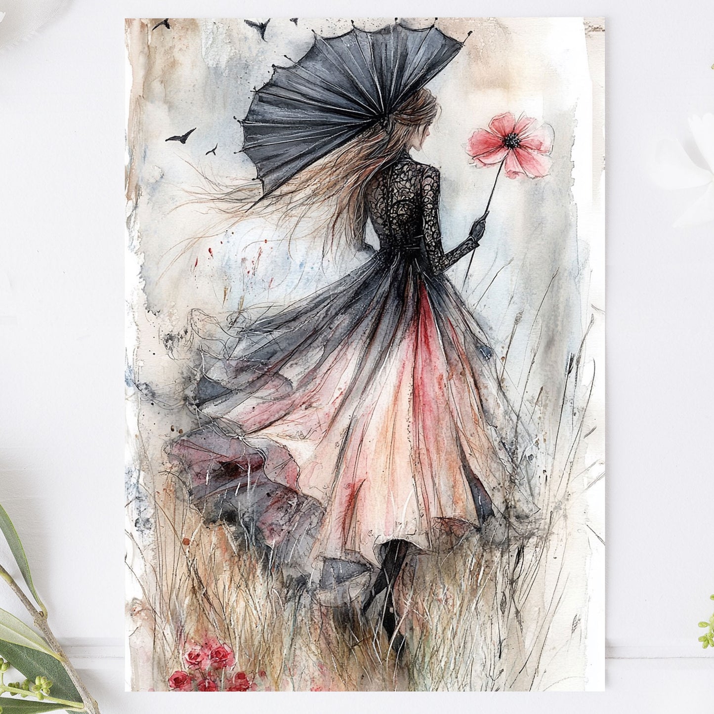 Vykort för postcrossing, scrapbooking & dekoration - Mörk Romantik - Flicka på Fältet PC602