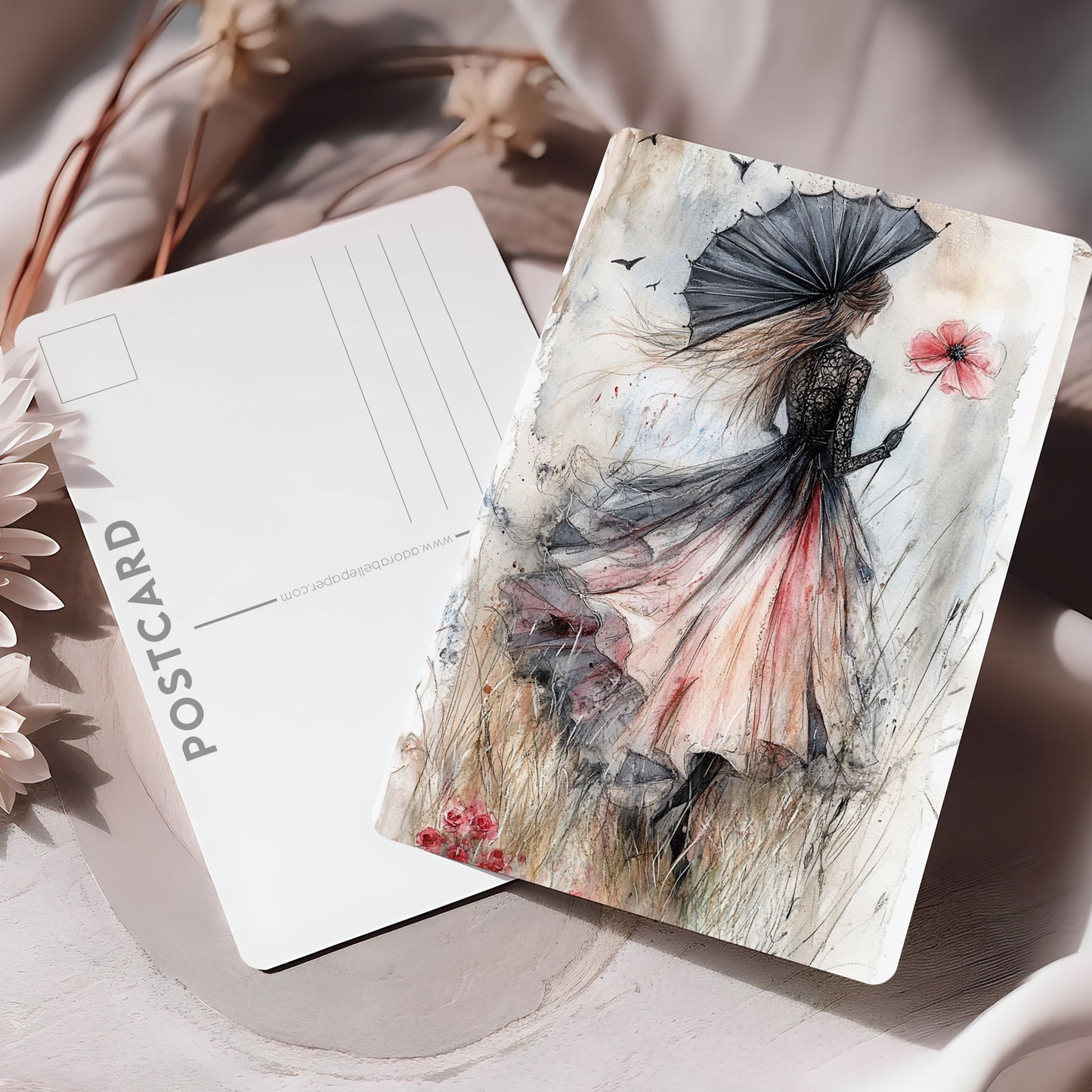 Vykort för postcrossing, scrapbooking & dekoration - Mörk Romantik - Flicka på Fältet PC602