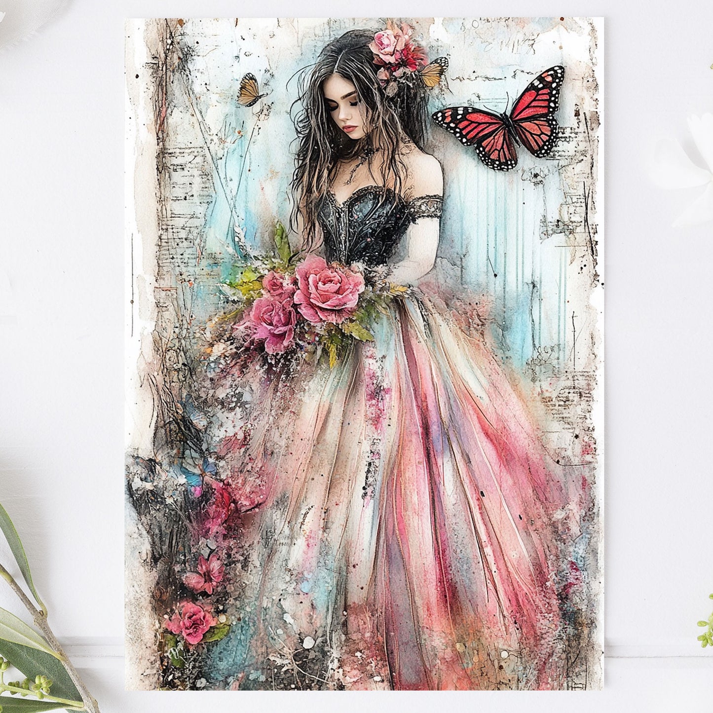 Vykort för postcrossing, scrapbooking & dekoration -Mörk Romantik - Rosor & Fjärilar PC603