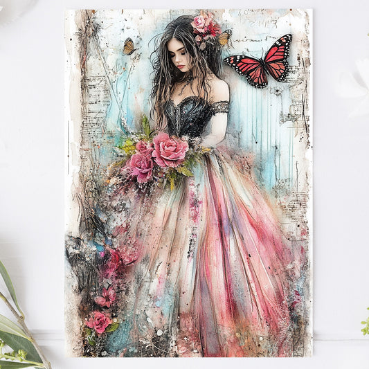 Vykort för postcrossing, scrapbooking & dekoration -Mörk Romantik - Rosor & Fjärilar PC603