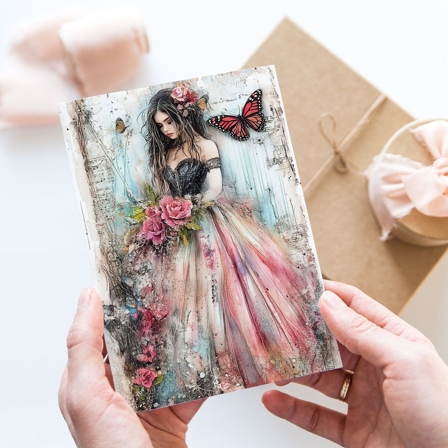 Vykort för postcrossing, scrapbooking & dekoration -Mörk Romantik - Rosor & Fjärilar PC603