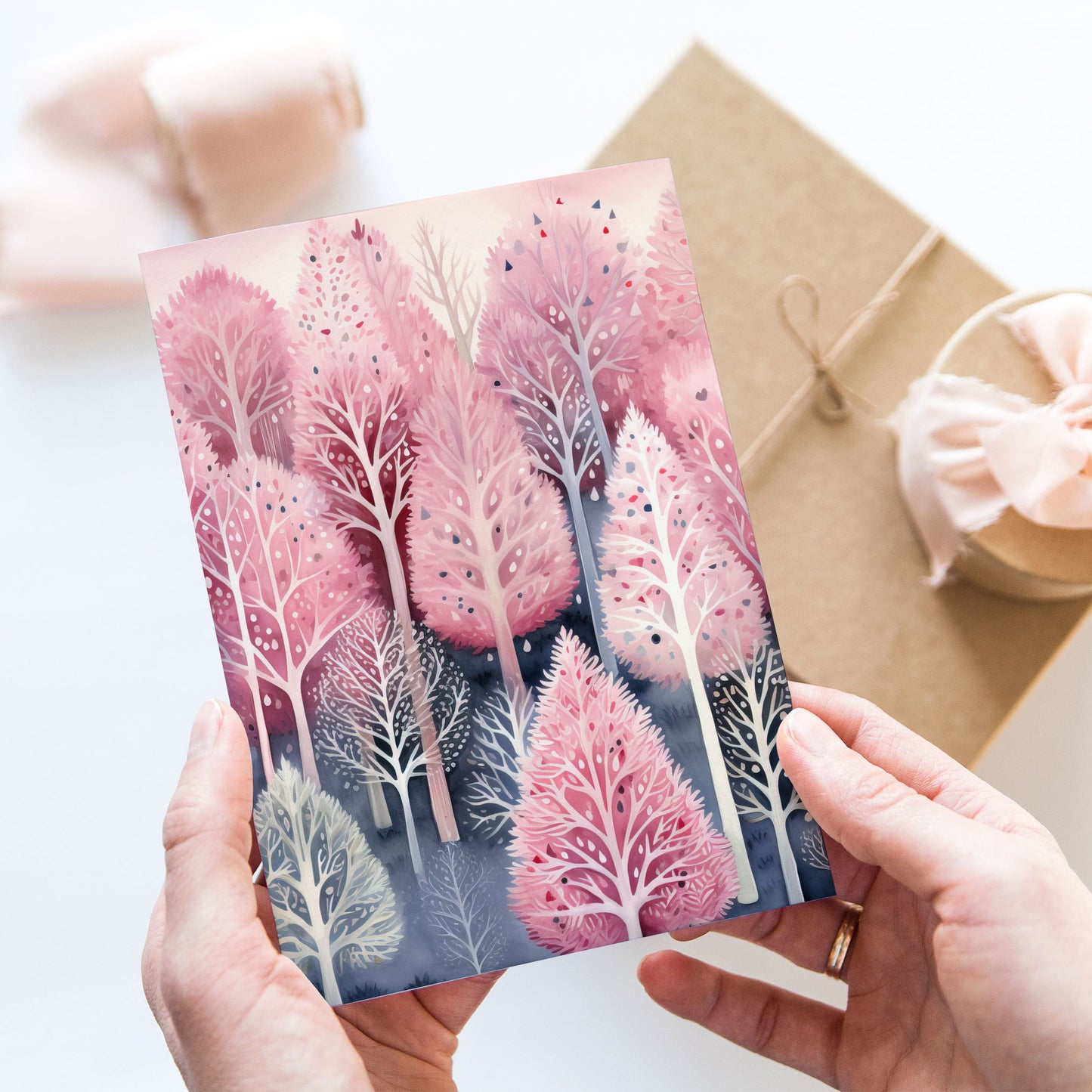 Vykort för postcrossing, scrapbooking & dekoration - Rosa Skog PC613