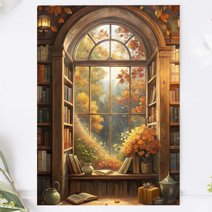Vykort för postcrossing, scrapbooking & dekoration - Höst Bibliotek Fönster PC635