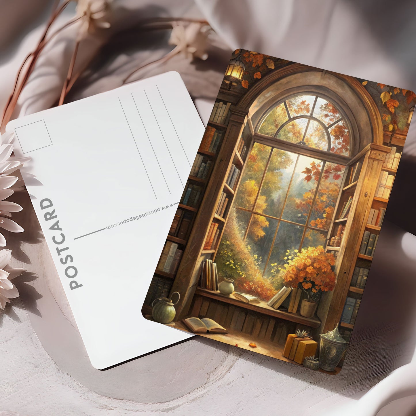 Vykort för postcrossing, scrapbooking & dekoration - Höst Bibliotek Fönster PC635